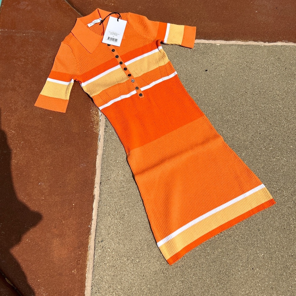 St Cloud Wolf & Badger Roller Girl Mini Knot Polo Orange Sunset Stripe Dress